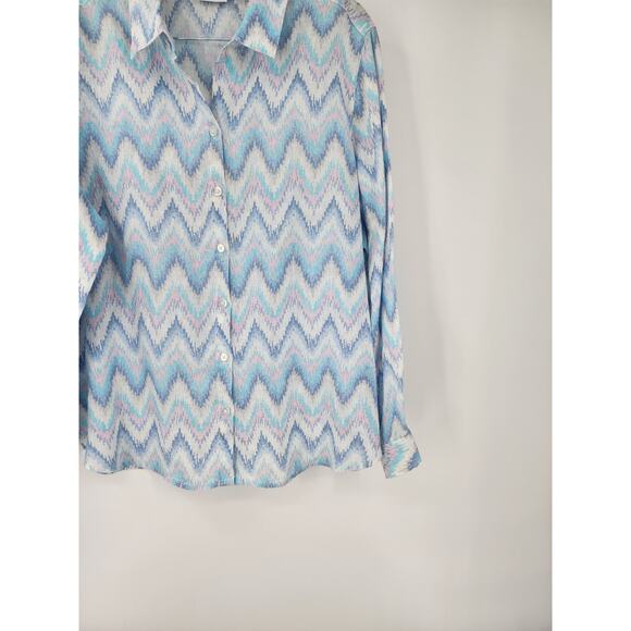 KIM ROGERS 100% Linen Blue Chevron Button Down Shirt Womens Petite Large Beach - Picture 4 of 5